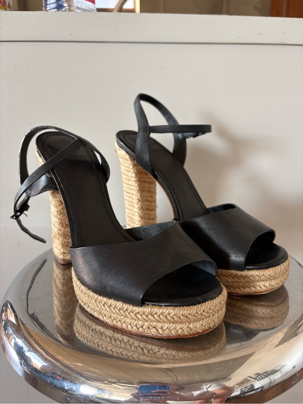 Tory Burch Black Leather Platform Espadrille Wedges